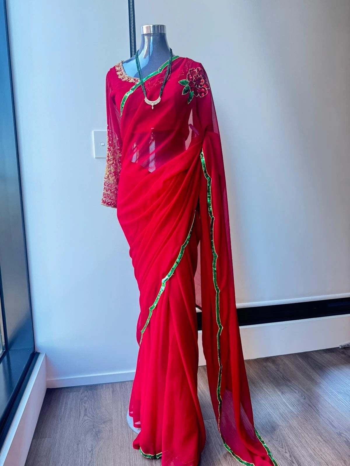 Rhododendron Embroided Red Saree with peticoat (blouse excluded)