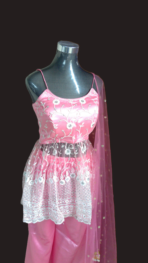 Blush Pink Embroidered Peplum Top & Straight Pant Set with Net Dupatta
