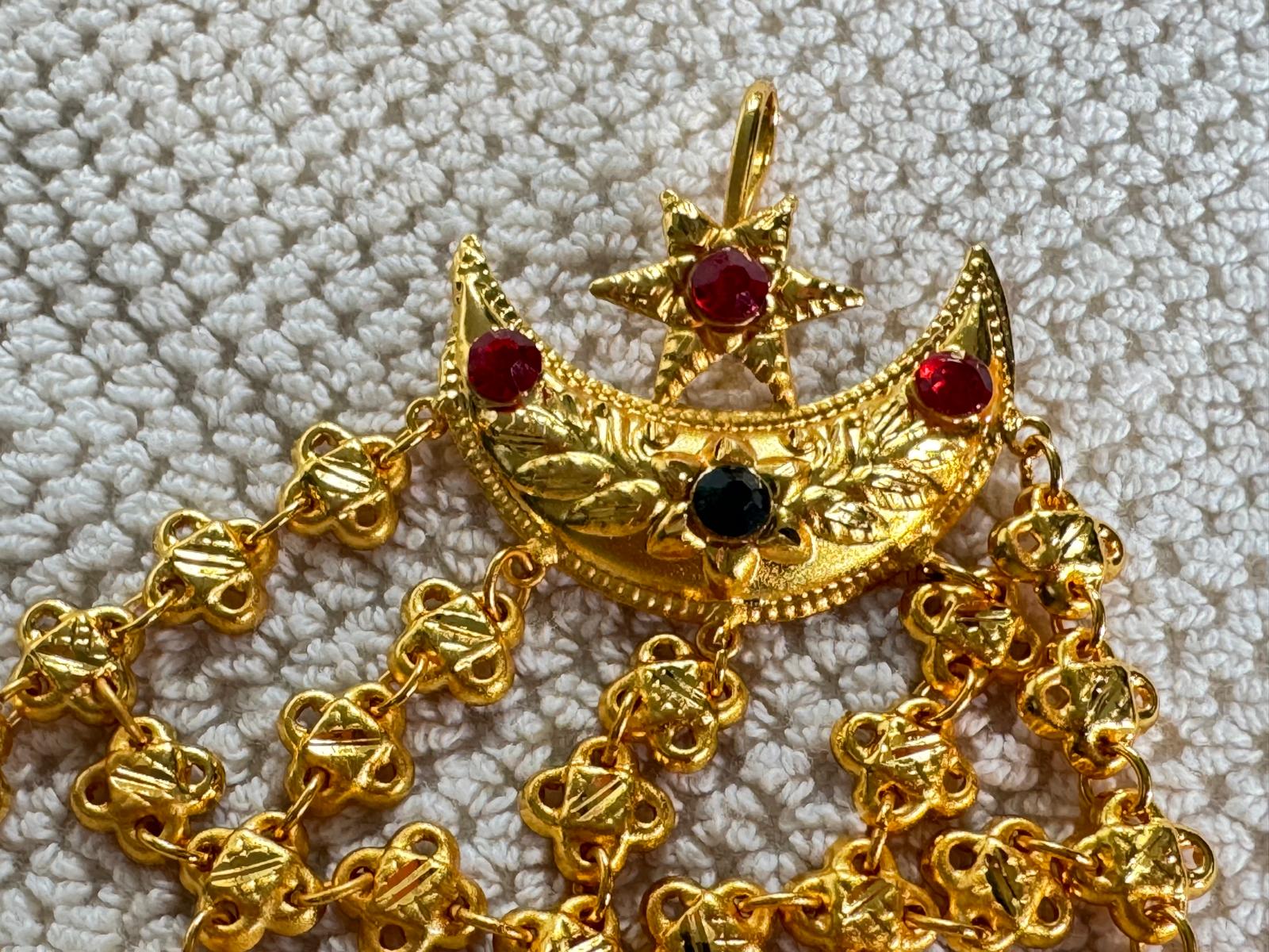 Newari Nyapusikha Antique Gold Crescent Moon and Star Pendant with Dangling Bead
