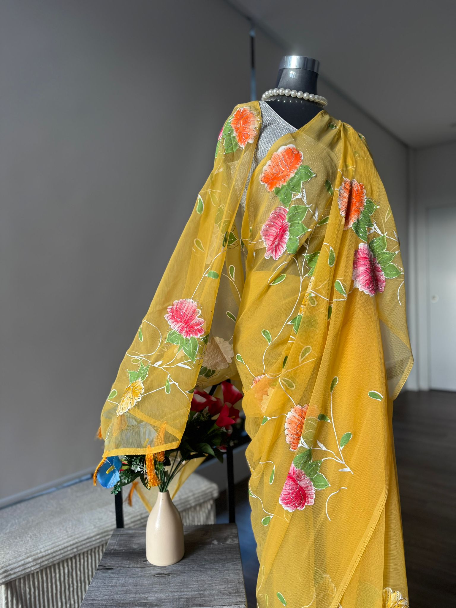 Multi-Coloured with floral print saree, very lightweight fabric