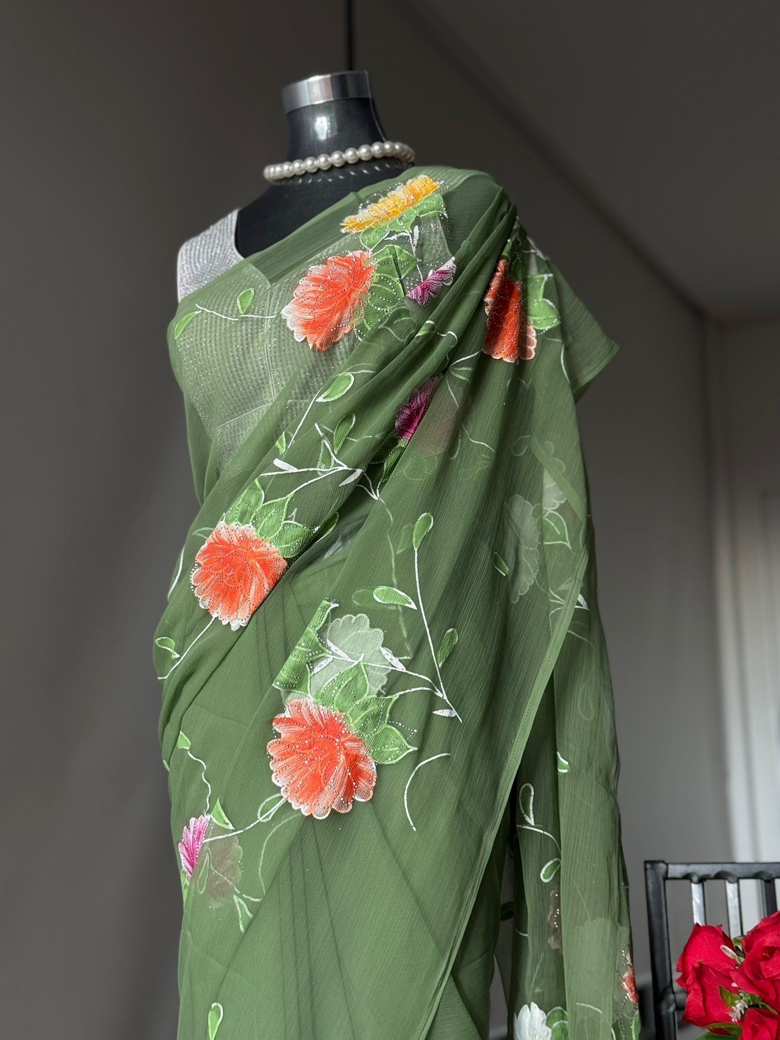 Multi-Coloured with floral print saree, very lightweight fabric