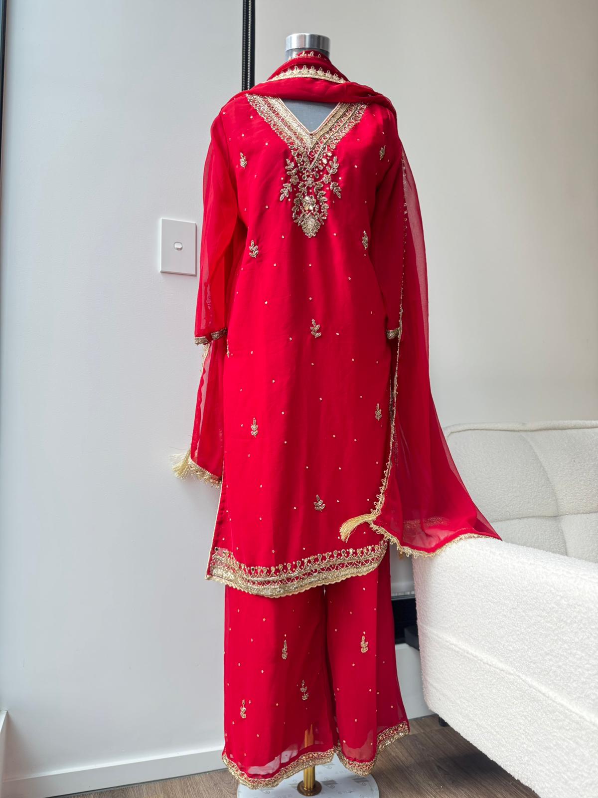 Red Chiffon Heavy Embroided Kurtha, 3 pcs set, Lightweight Perfect for festives