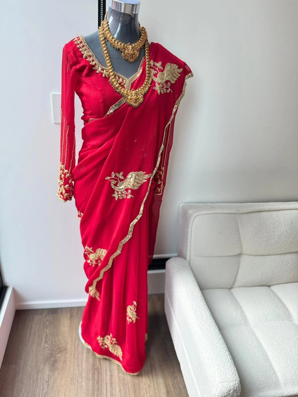 Red Saree Peacock Embroided Chiffon Saree, Perfect For Weeding, Puja And Auspicious occasion