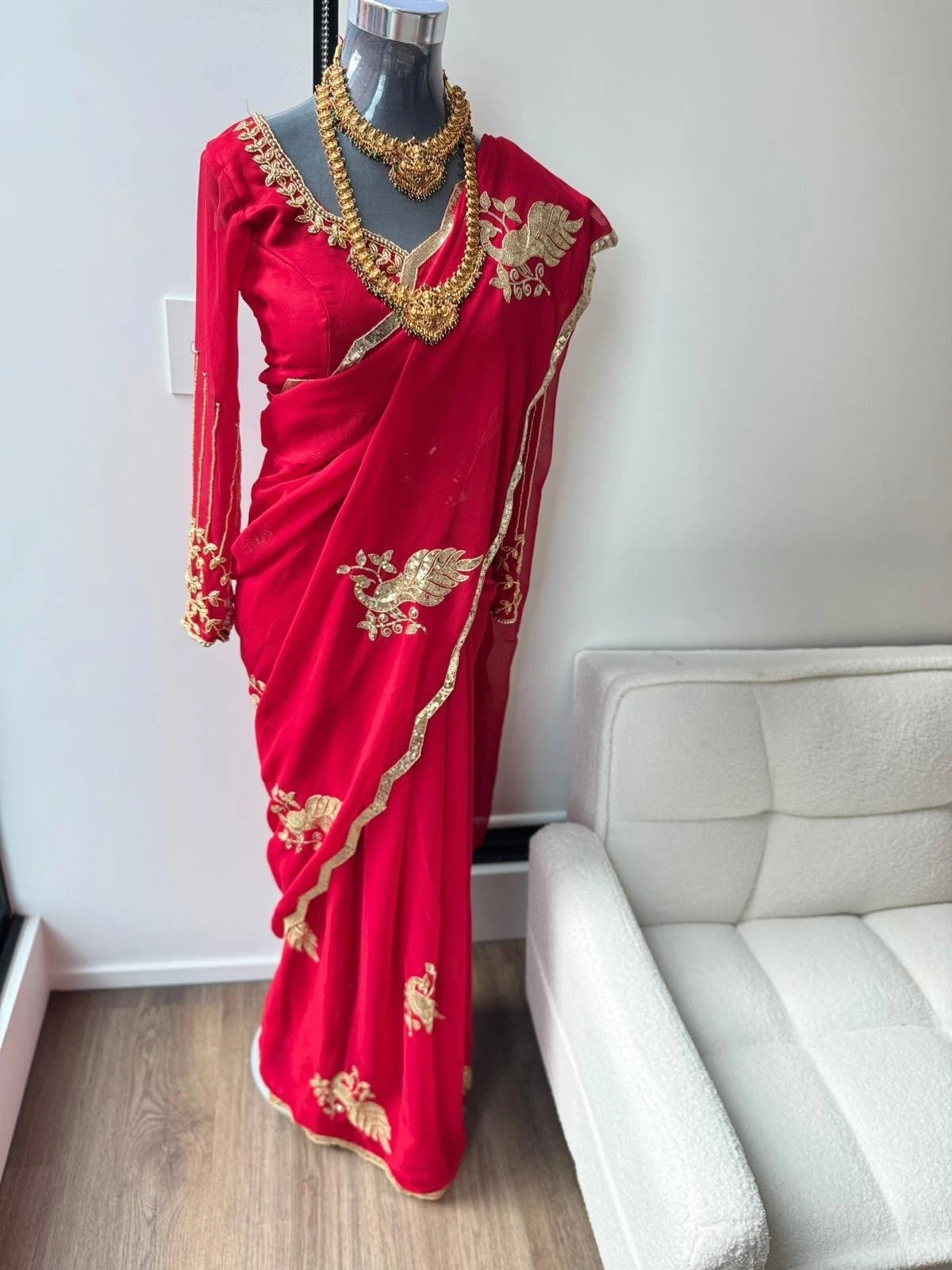 Red Saree Peacock Embroided Chiffon Saree, Perfect For Weeding, Puja And Auspicious occasion