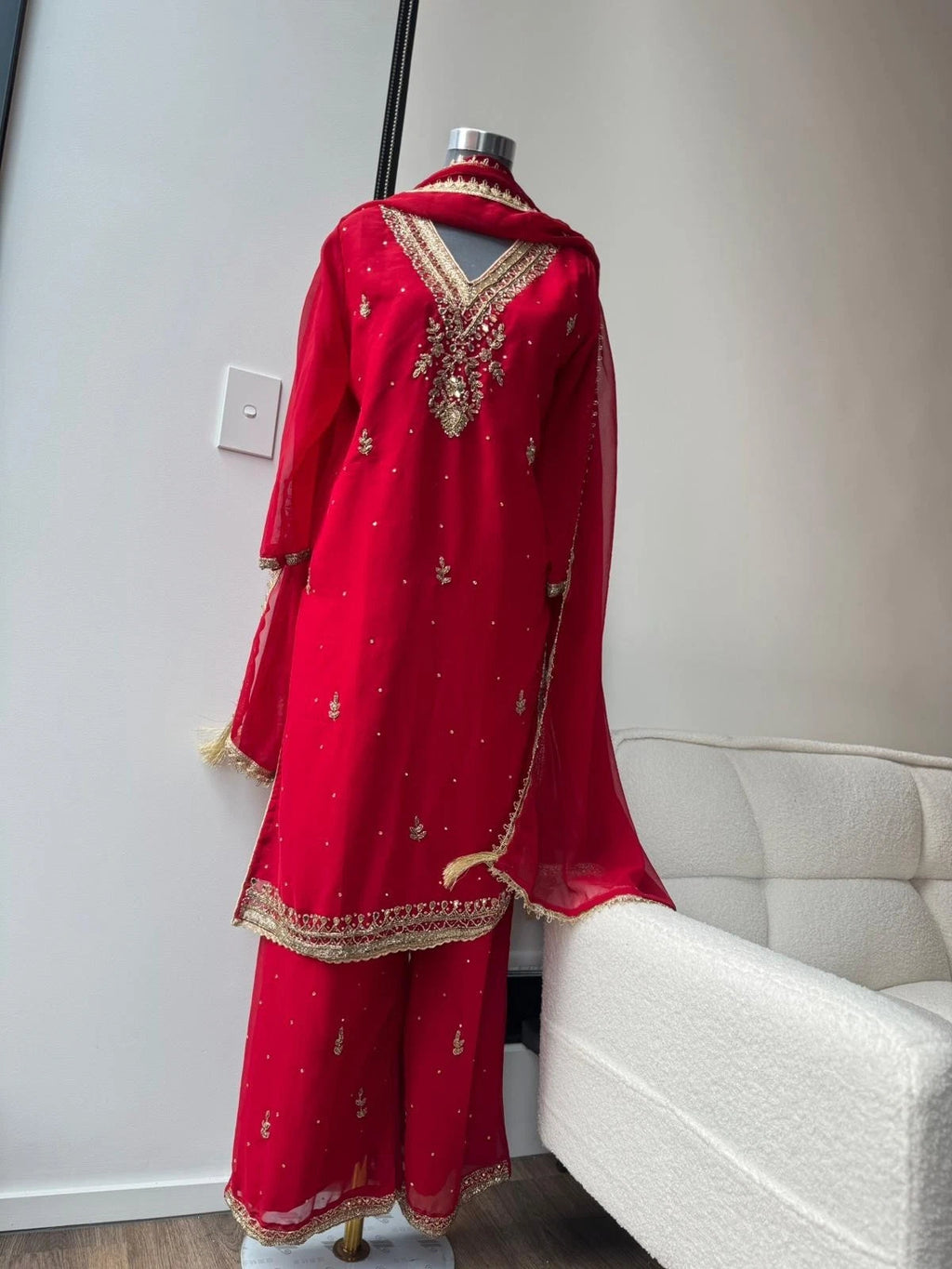 Red Chiffon Heavy Embroided Kurtha, 3 pcs set, Lightweight Perfect for festives