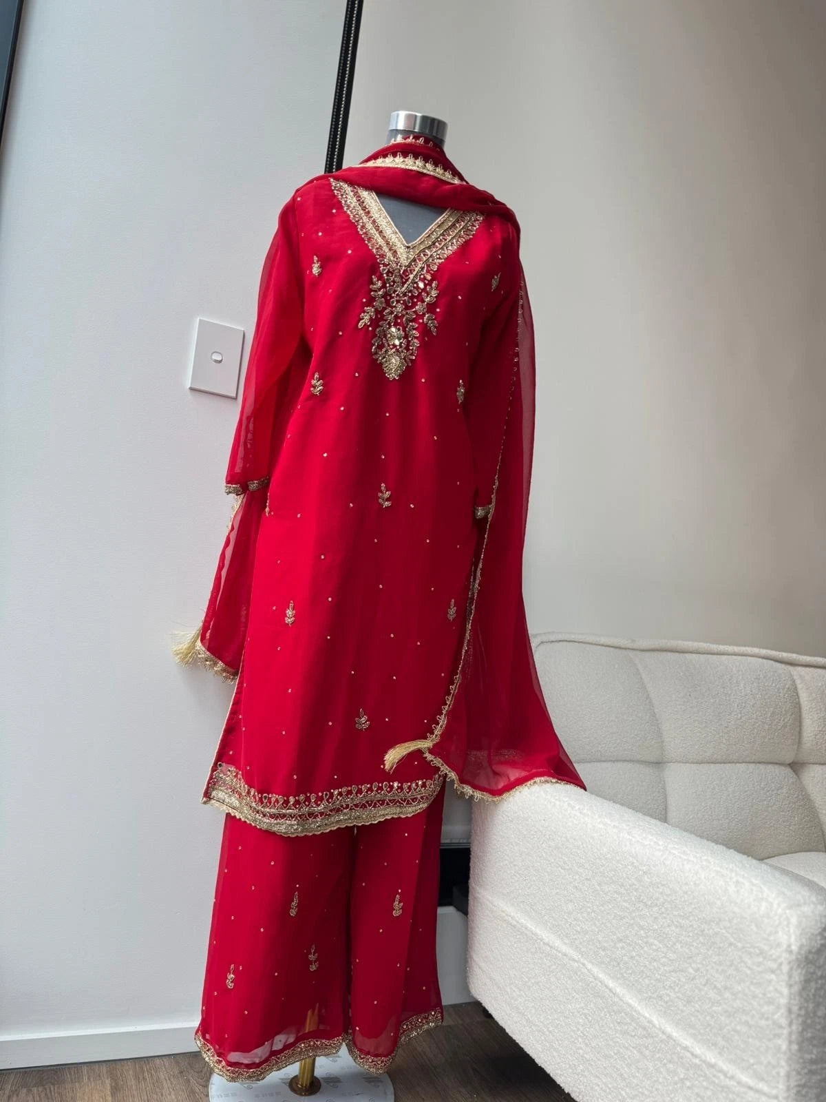 Red Chiffon Heavy Embroided Kurtha, 3 pcs set, Lightweight Perfect for festives
