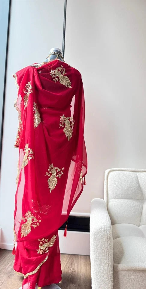 Red Saree Peacock Embroided Chiffon Saree, Perfect For Weeding, Puja And Auspicious occasion