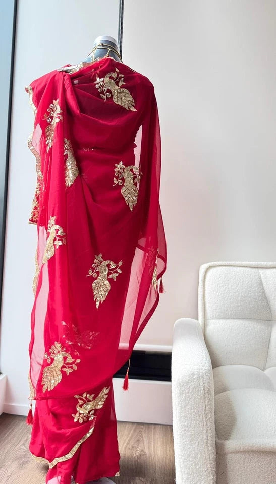 Red Saree Peacock Embroided Chiffon Saree, Perfect For Weeding, Puja And Auspicious occasion